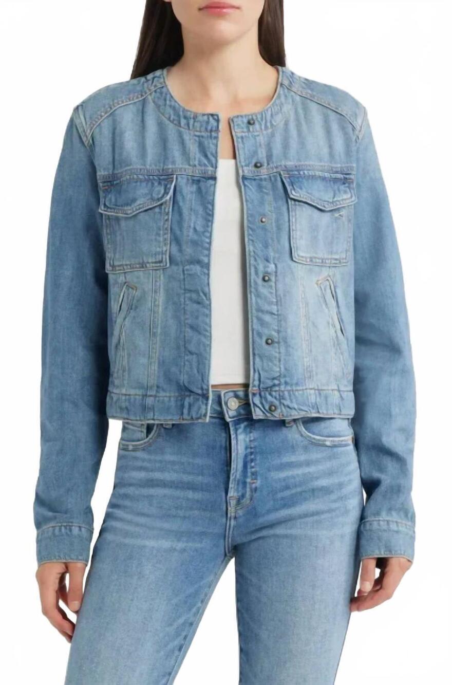 NEW HIDDEN collarless jacket in medium light denim